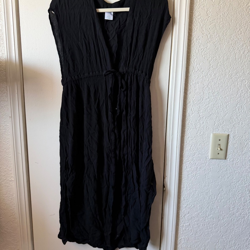 Kona Sol Black Gauze Swim Cover Up Dress V-Neck Drawstring Waist SM